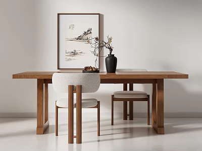 Modern Wooden Dining Table Set With White Brown Chairs Black Vase Dried Flowers Wall Art 3d model