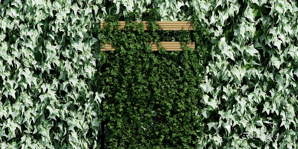 Lush Vertical Living Green Plant Wall with Decorative Foliage and Wooden Accents 3d model 