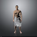 Shirtless Man Standing Wrapped in Gray Towel Against Gray Background Barefoot