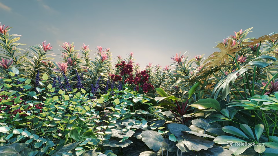 Vibrant Garden With Colorful Flowers Various Green Leaves And Lush Plants 3d model 