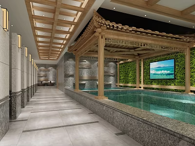 Modern Chinese SPA Sauna Interior With Wooden Beams Indoor Pool And Green Plant Wall 3d model