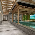 Modern Chinese SPA Sauna Interior With Wooden Beams Indoor Pool And Green Plant Wall