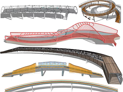 Contemporary Bridge Design Variations Featuring Curved Spiral Arch And Frame Structures 3d model