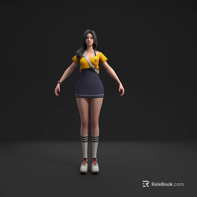 Woman In Yellow Top Dark Blue Skirt White Striped Socks And Red Shoes 3d model 