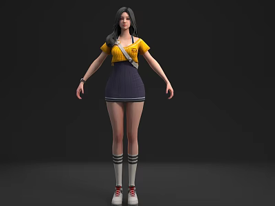 Woman In Yellow Top Dark Blue Skirt White Striped Socks And Red Shoes 3d model