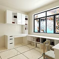 Home Study Room Interior With White Cabinets Large Window Scenic View Bookshelf Desk And Chair
