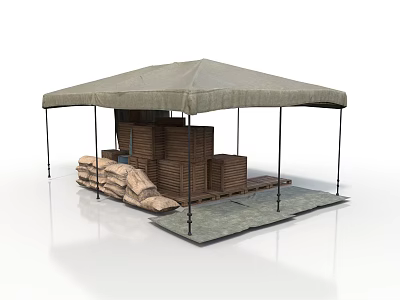 Realistic Style Tent Wooden Pallet Wooden Pallet Wooden Crate Tent Tarpaulin Crate Brush Fence Metal Barrel Camping Equipment Military Supplies 3d model