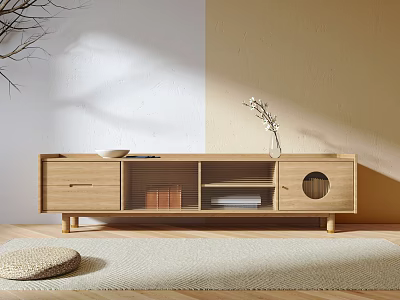 Light Toned Wooden Minimalist TV Stand with Storage Drawers Shelves and Circular Details 3d model