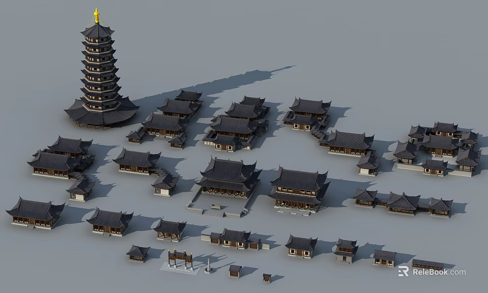 Ancient Chinese Architecture With Traditional Tower And Classic Courtyard Buildings 3d model 