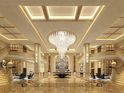 Hotel Lobby Elegant Interior With Chandelier Marble Floor Staircases Columns And Sofas 3d model
