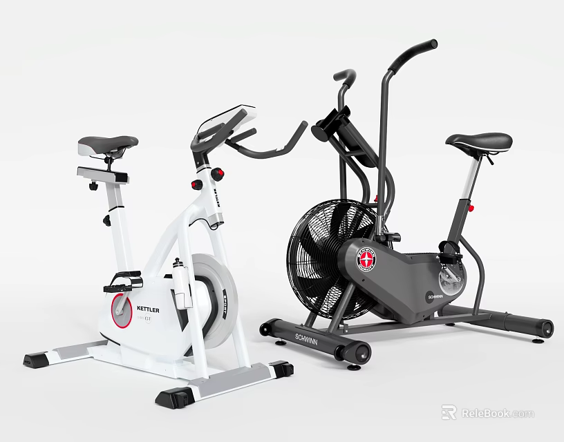 White And Black Stationary Bike And Fan Bike Fitness Equipment For Home Gym Workout 3d model 