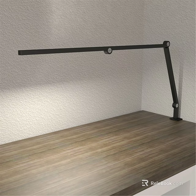 Modern Black Adjustable Arm Desk Lamp on Wooden Desk with White Wall Illumination 3d model 