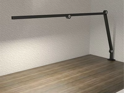 Modern Black Adjustable Arm Desk Lamp on Wooden Desk with White Wall Illumination 3d model