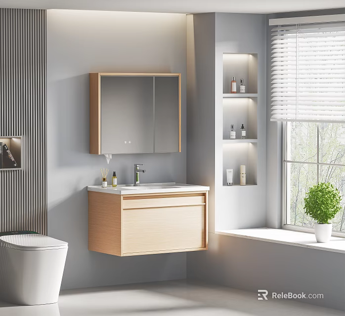 Modern Bathroom Vanity with Light Wood Cabinet Mirror and Shelves Near Window 3d model 