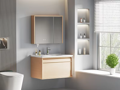 Modern Bathroom Vanity with Light Wood Cabinet Mirror and Shelves Near Window 3d model