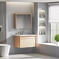 Modern Bathroom Vanity with Light Wood Cabinet Mirror and Shelves Near Window