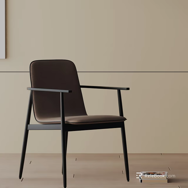 Modern Dining Chair Design With Brown Fabric Upholstery And Black Metal Armrest Frame 3d model 