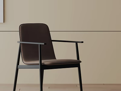 Modern Dining Chair Design With Brown Fabric Upholstery And Black Metal Armrest Frame 3d model