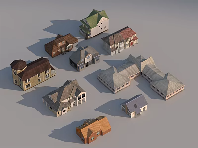 Various Styles Detached House Models With Different Roof Colors And Designs 3d model