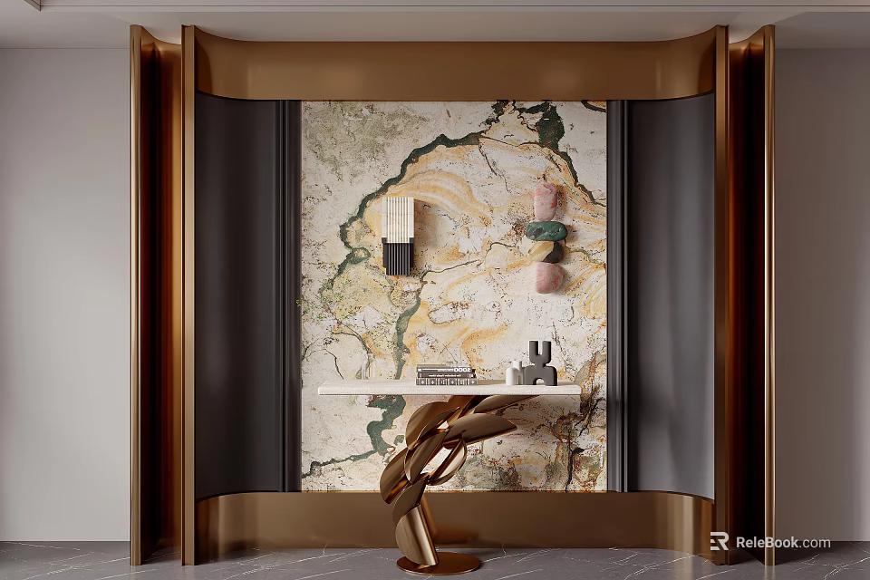 Modern Elegant Entryway Hallway With Gold Frame Marble Patterned Wall And Artistic Sculpture 3d model 