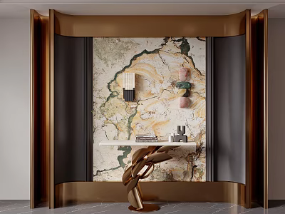 Modern Elegant Entryway Hallway With Gold Frame Marble Patterned Wall And Artistic Sculpture 3d model