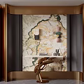 Modern Elegant Entryway Hallway With Gold Frame Marble Patterned Wall And Artistic Sculpture