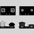 Modern Kitchen Cabinets With Double Burner Gas Stoves And Cooking Pots