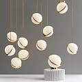 Multiple White Spherical Chandeliers With Golden Borders Hanging In Gray Background 3d model