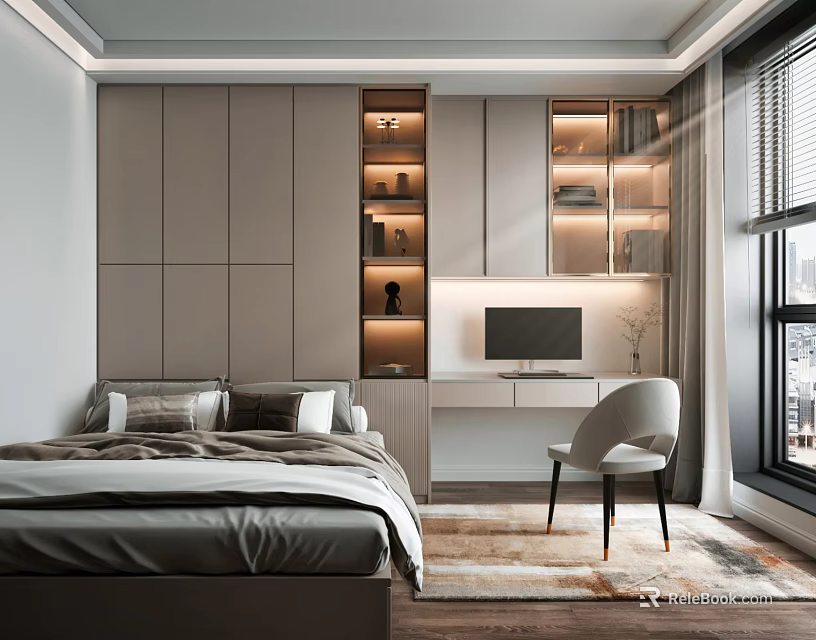 Modern Tatami Bedroom Interior Design with Bed Desk Chair Storage Cabinetry and Window Lighting 3d model 