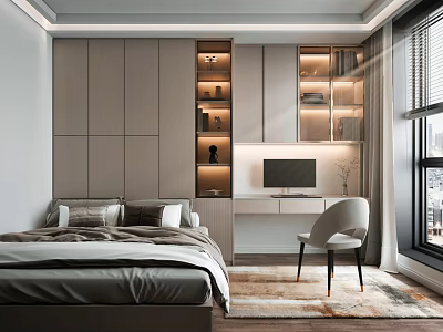 Modern Tatami Bedroom Interior Design with Bed Desk Chair Storage Cabinetry and Window Lighting 3d model