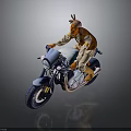 Man Riding Blue And White Motorcycle Wearing Brown Vest And Animal Ear Hat