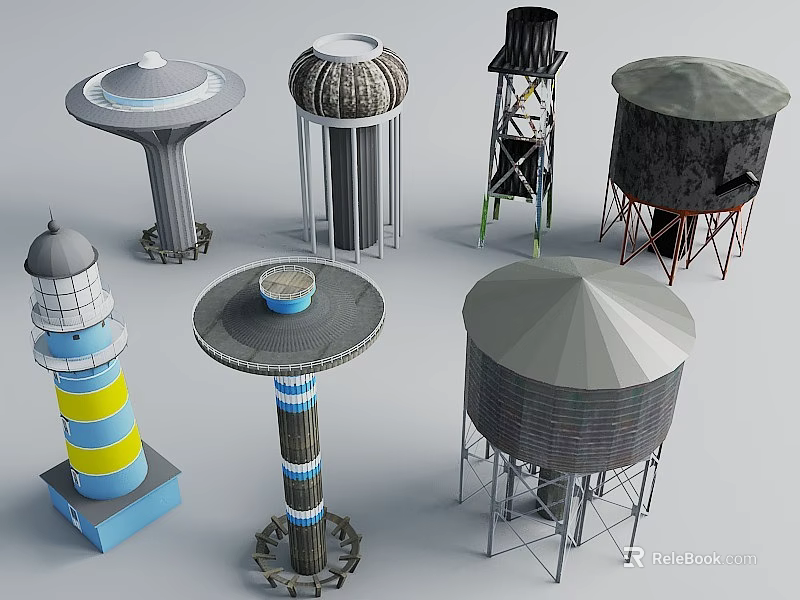 Various Water Tower Structures With Diverse Designs And Material Styles 3d model 