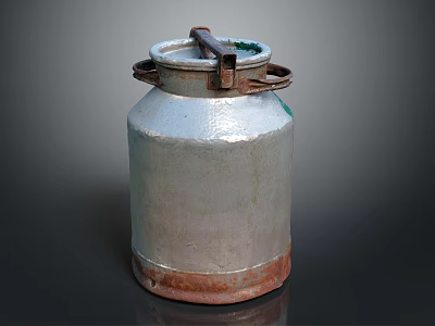 Vintage Milk Beverage Can With Metal Handle Silver White Surface And Rustic Red Bottom 3d model