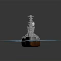 Detailed Battleship Model Floating on Blue Water Surface with Turrets and Chimney