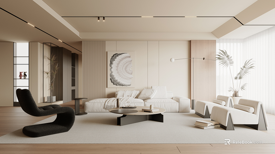 Modern Living Room Interior With Beige Sofa Round Rug And Decorative Painting 3d model 