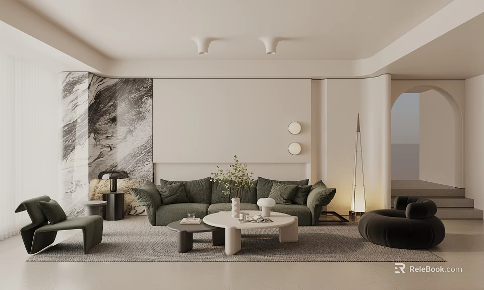 Modern Living Room Interior With Green Sofa White Coffee Table And Marble Accent Wall 3d model 