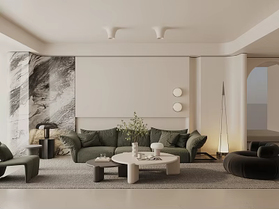 Modern Living Room Interior With Green Sofa White Coffee Table And Marble Accent Wall 3d model