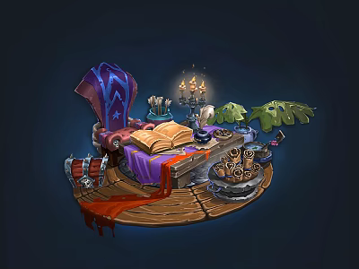 Decorative Ornament Set With Open Book Candles Green Leaves Drum And Wooden Base 3d model