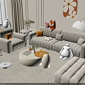 Modern Light Sofa And Round Coffee Table Set With Cozy Cushions Rug And Wall Art