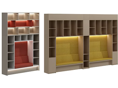 Modern Bookcase Design With Lighting Red Yellow Seating And Storage Shelves 3d model
