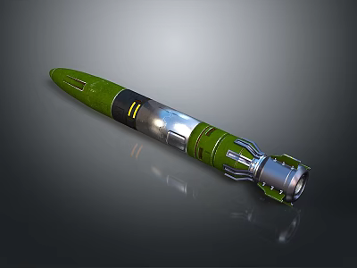 Green Military Missile Featuring Metallic Sections And Yellow Markings On Shiny Surface 3d model