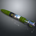 Green Military Missile Featuring Metallic Sections And Yellow Markings On Shiny Surface