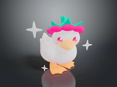 White Duck Toy with Pink and Green Floral Crown Surrounded by Sparkling Stars 3d model