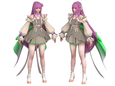 Woman With Long Purple Hair In Gray Dress And Green Accents White Thigh High Socks 3d model