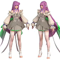 Woman With Long Purple Hair In Gray Dress And Green Accents White Thigh High Socks