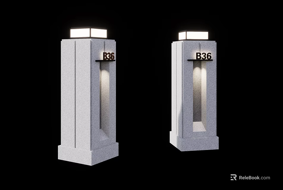 White Columnar Light Posts With B36 Sign And Square Top Lights 3d model 