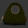Green Quilted Handbag With Gold Circular Handle And Brown Metal Rivet Panel