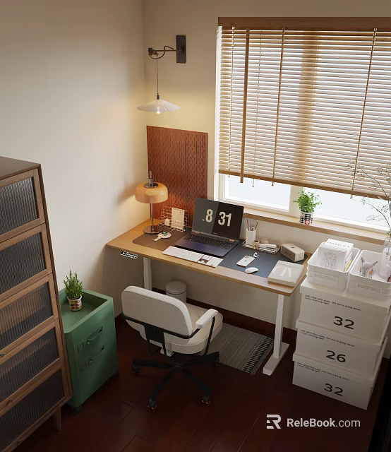 Cozy Home Study Room With Desk Lamp Laptop White Chair Green Cabinet And Window Blinds 3d model 