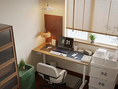 Cozy Home Study Room With Desk Lamp Laptop White Chair Green Cabinet And Window Blinds 3d model