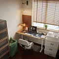 Cozy Home Study Room With Desk Lamp Laptop White Chair Green Cabinet And Window Blinds
